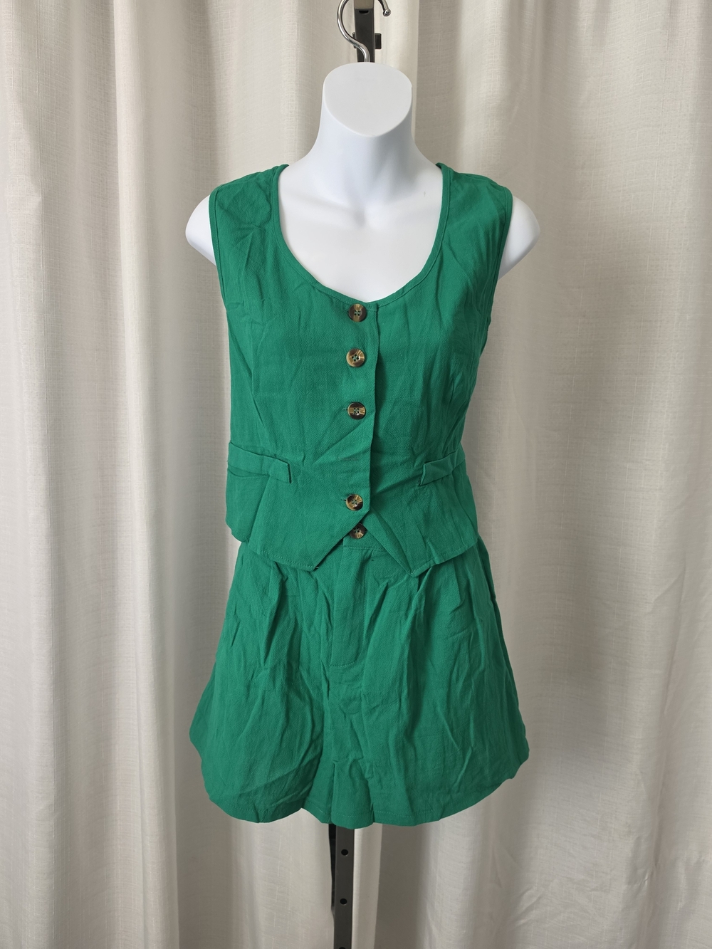 Green Sleeveless Button Vest & Skirt Set Size S